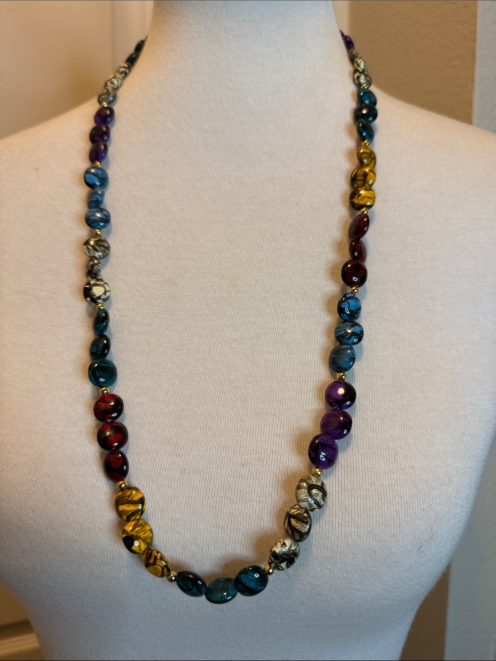 Vintage 28” Necklace With Gold Toned Teal Yellow Cream Purple Red Beads